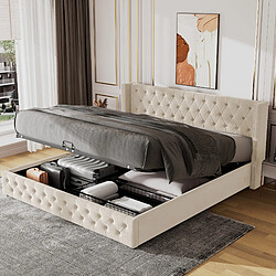 Avis MIVRAY Lit coffre adulte 140x190 cm, rangement hydraulique, velours beige