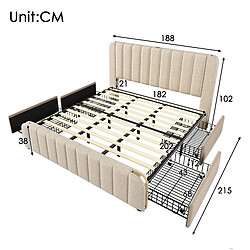 MIVRAY Lit Adulte Double 180x200 cm Avec 4 Tiroirs De Rangement, Port USB Et Type-C, Lin, Beige pas cher