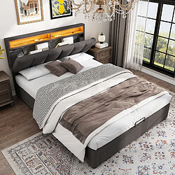 Acheter MIVRAY Lit coffre adulte 140x190 cm, Lit double avec tête de lit LED, Lin, gris