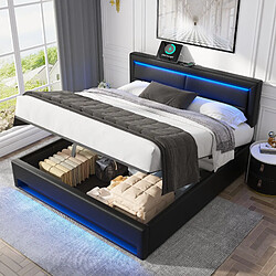 Avis MIVRAY Lit coffre adulte 140x200 cm, USB LED et rangement, PU noir