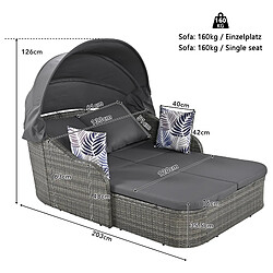 MIVRAY Chaise longue de jardin 203x120x126 cm toit réglable dossier inclinable rotin métal gris pas cher