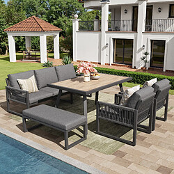 Acheter MIVRAY Salon de jardin 7 places 184x64x80 cm coussins épais, plateau spacieux métal gris