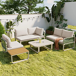 Avis MIVRAY Salon de jardin 5 places 118x60x85 cm coussins 8 cm, verre trempé fer crème abricot