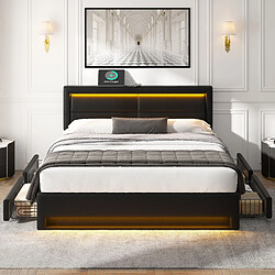 Acheter MIVRAY Lit double adulte 140x190 cm, USB LED et 4 tiroirs, PU noir