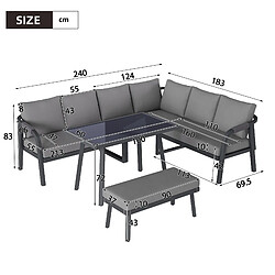 MIVRAY Salon de jardin 8 places, table à manger avec banc acier polyester gris pas cher