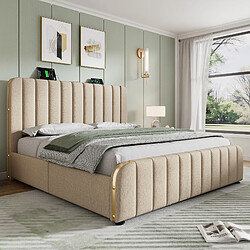 Acheter MIVRAY Lit double adulte 140x190 cm, USB et Type C, 4 tiroirs, lin beige
