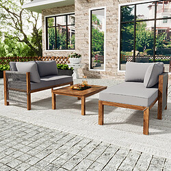 Avis MIVRAY Salon de jardin 3 pièces coussins déhoussables, accoudoirs en corde bois gris