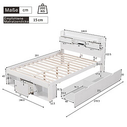MIVRAY Lit double adulte 140x200 cm, USB et grand rangement, 5 tiroirs, Bois, blanc pas cher