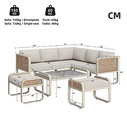 MIVRAY Salon de jardin 6 places 120x61x69 cm, coussins et pieds réglables, métal rotin beige pas cher