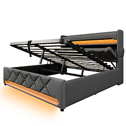 Acheter MIVRAY Lit Coffre Adulte 180x200 Cm Lit Double, Tête De Lit Rangement USB/Type-C, LED, Lin, Gris