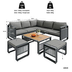 MIVRAY Salon de jardin 6 places 120x65x66.5 cm coussins épais pieds réglables métal gris pas cher
