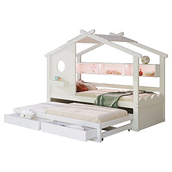 Lit Enfant 90x200 cm Modenvie avec lit gigogne et rangement Blanc pas cher