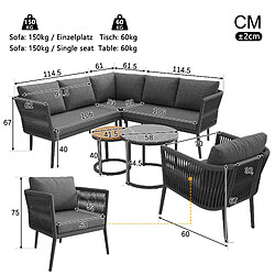 MIVRAY Salon de jardin modulaire 5 places 114.5x61x67 cm coussins respirants métal gris pas cher