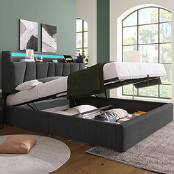 Avis MIVRAY Lit Coffre Adulte 160x200 Cm Lit Double Avec USB, LED Et Tête De Lit Rangement, Lin, Gris