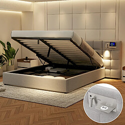 Avis MIVRAY Lit coffre adulte 180x200 cm, rangement hydraulique et USB, lin gris