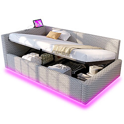 Lit Coffre 90x200 cm Modenvie avec LED et USB Type C en velours gris pas cher