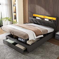 Avis MIVRAY Lit coffre adulte 140x190 cm, Lit double avec tête de lit LED, Lin, gris