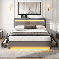Acheter MIVRAY Lit double adulte 140x190 cm avec 4 tiroirs, USB et LED, PU gris