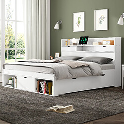 Avis MIVRAY Lit double adulte 140x200 cm, USB et grand rangement, 5 tiroirs, Bois, blanc