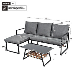 MIVRAY Salon de jardin d'angle modulable, table en verre acier galvanisé gris pas cher
