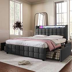 Avis MIVRAY Lit Adulte Double 180x200 Cm Avec 4 Tiroirs, Éclairage LED, Prises USB, Lin, Gris