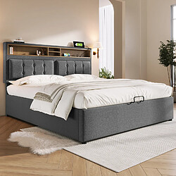 Avis MIVRAY Lit Coffre Adulte 160x200 Cm Rangement Et Tête De Lit Réglable Avec USB-C, Lin, Gris