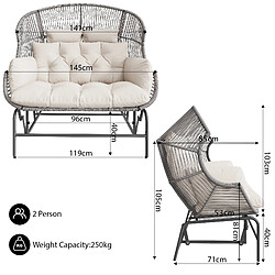 MIVRAY Balancelle 2 places, coussin avec fixation rotin PE métal gris pas cher