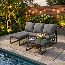 Acheter MIVRAY Salon de jardin d'angle modulable, table en verre acier galvanisé gris
