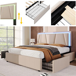 Avis MIVRAY Lit Adulte Double 140x200 Cm Avec LED Et 4 Tiroirs, Tête De Lit Réglable, Lin, Beige