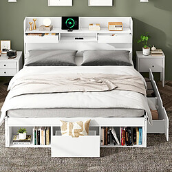 Acheter MIVRAY Lit double adulte 140x190 cm, rangement et ports USB, bois, blanc