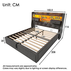 MIVRAY Lit coffre adulte 140x190 cm, LED et ports de charge, lin gris pas cher