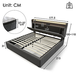 MIVRAY Lit Coffre Adulte 160x200 Cm Lit Double Avec USB, LED Et Tête De Lit Rangement, Lin, Gris pas cher