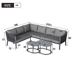 MIVRAY Salon de jardin 6 places, 2 tables, acier galvanisé et polyester gris pas cher