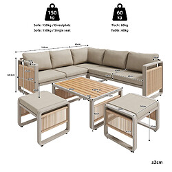 MIVRAY Salon de jardin 6 places coussins épais, pieds réglables métal beige pas cher