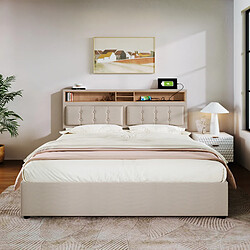 Avis MIVRAY Lit Coffre Adulte 140x200 Cm Lit Double, Rangement Et Tête De Lit Avec USB-C, Lin, Beige