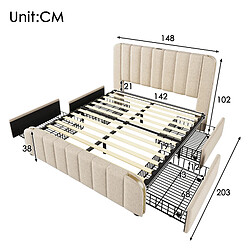 MIVRAY Lit double adulte 140x190 cm, USB et Type C, 4 tiroirs, lin beige pas cher