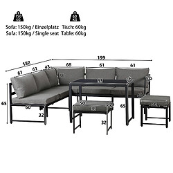 MIVRAY Salon de jardin 6 places 199x60x65 cm dossier réglable aluminium noir et gris pas cher