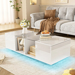 modfu Table basse blanche avec éclairage led, plateau en verre et rangements 120 x 50 x 38,5 cm