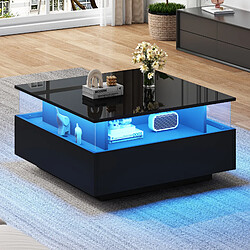 modfu Table basse led noire brillante 70x70x41 cm avec 2 tiroirs et vitrine transparente