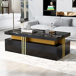 modfu Table basse rectangulaire noire effet marbre avec 2 tiroirs et détails métal doré 100x50 cm