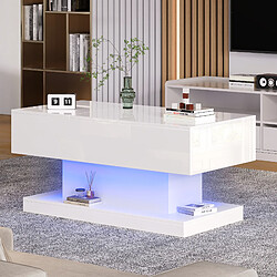 modfu Table basse relevable avec led 100x50x45 cm, plateau coulissant et rangement blanc