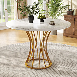 modfu Table à manger ronde 80x80x76 cm, plateau effet marbre en mdf et pieds métal dorés
