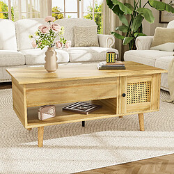 modfu Table basse relevable avec portes effet rotin, décor bois et noir