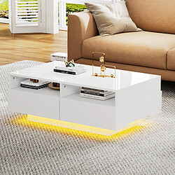 modfu Table basse led blanche brillante avec 4 tiroirs et rangement ouvert 90x55x35 cm