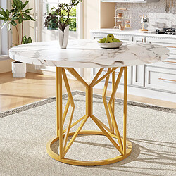 modfu Table à manger ronde 100x100x76 cm, plateau mdf effet marbre, pieds en métal doré