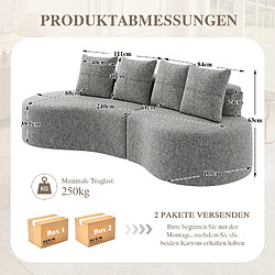DZMDIP Canapé d'angle incurvé 4 places en lin avec 4 coussins, porte-gobelets, gris clair pas cher