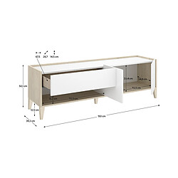 Avis Pegane Meuble TV bas avec 2 tiroirs, 2 portes battantes et 1 niche, coloris naturel/blanc