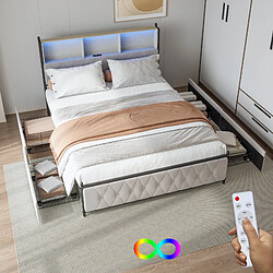 Acheter Lit rembourré - Superaly - 180x200cm - avec 4 tiroirs et éclairage LED - port USB - Beige