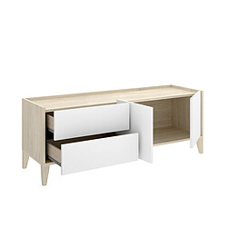 Pegane Meuble TV bas avec 2 tiroirs et 2 portes battantes, coloris naturel/blanc pas cher