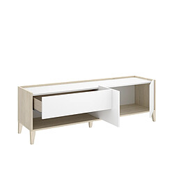 Pegane Meuble TV bas avec 2 tiroirs, 2 portes battantes et 1 niche, coloris naturel/blanc pas cher